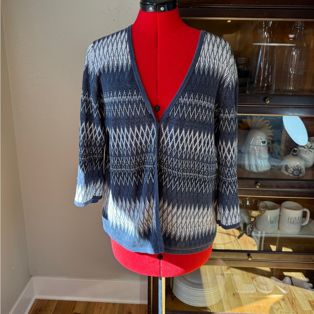 Pendleton Linen Cotton Navy White Geometric Print Cardigan Button Sweater Size L